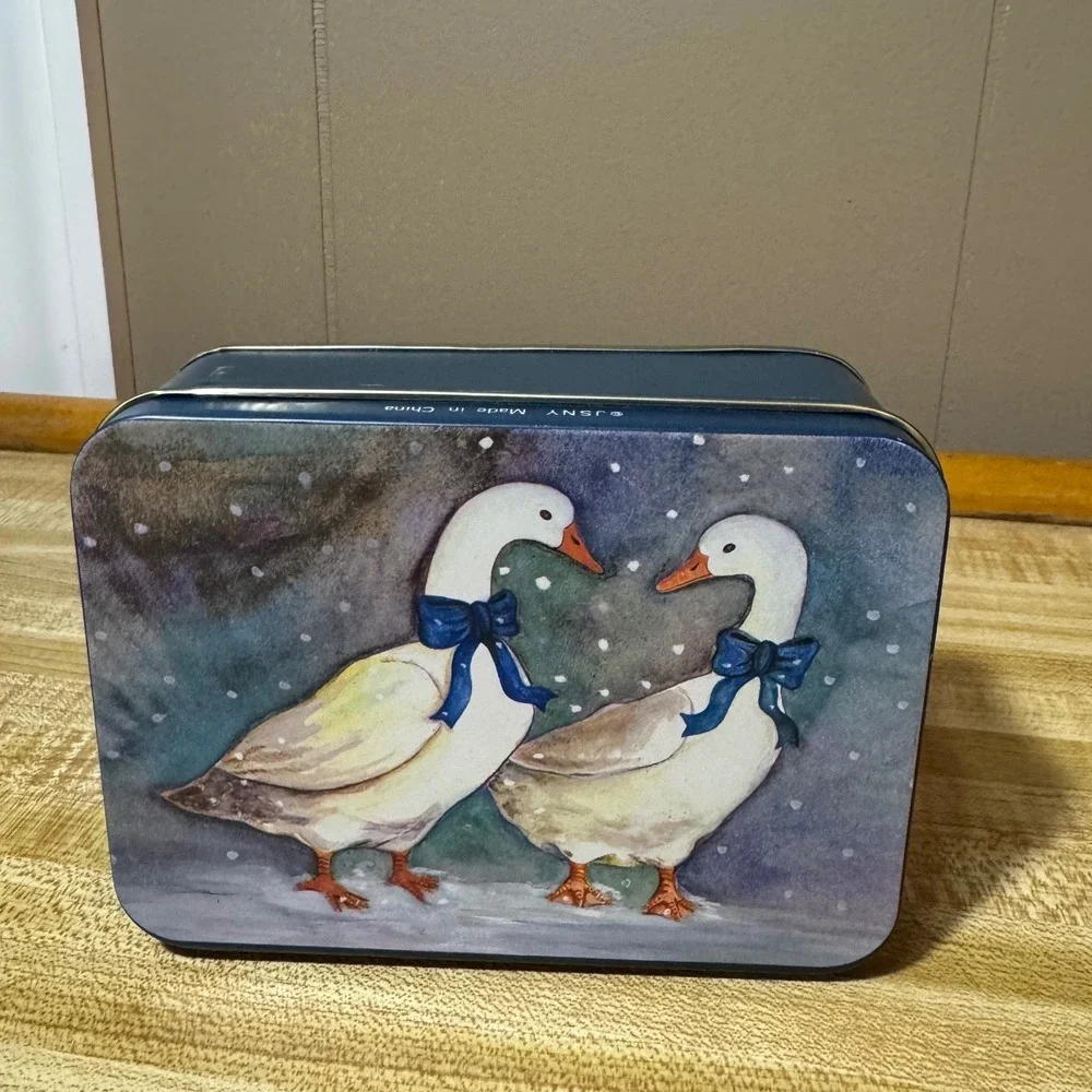 Vintage cottagecore Winter Geese Metal Tin Small Rectangular Storage Box Blue